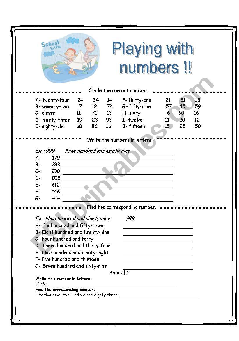 Playing with numbers 4 worksheet