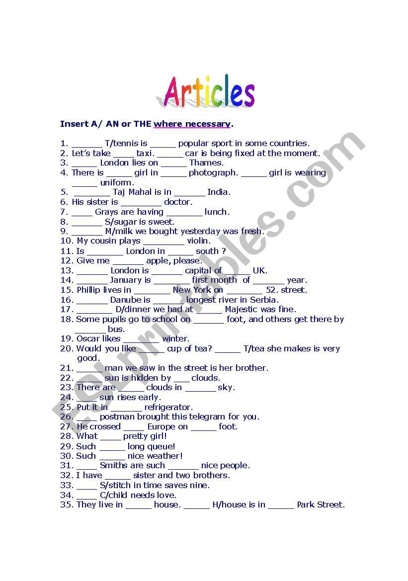A Test on Articles (6 pages) worksheet