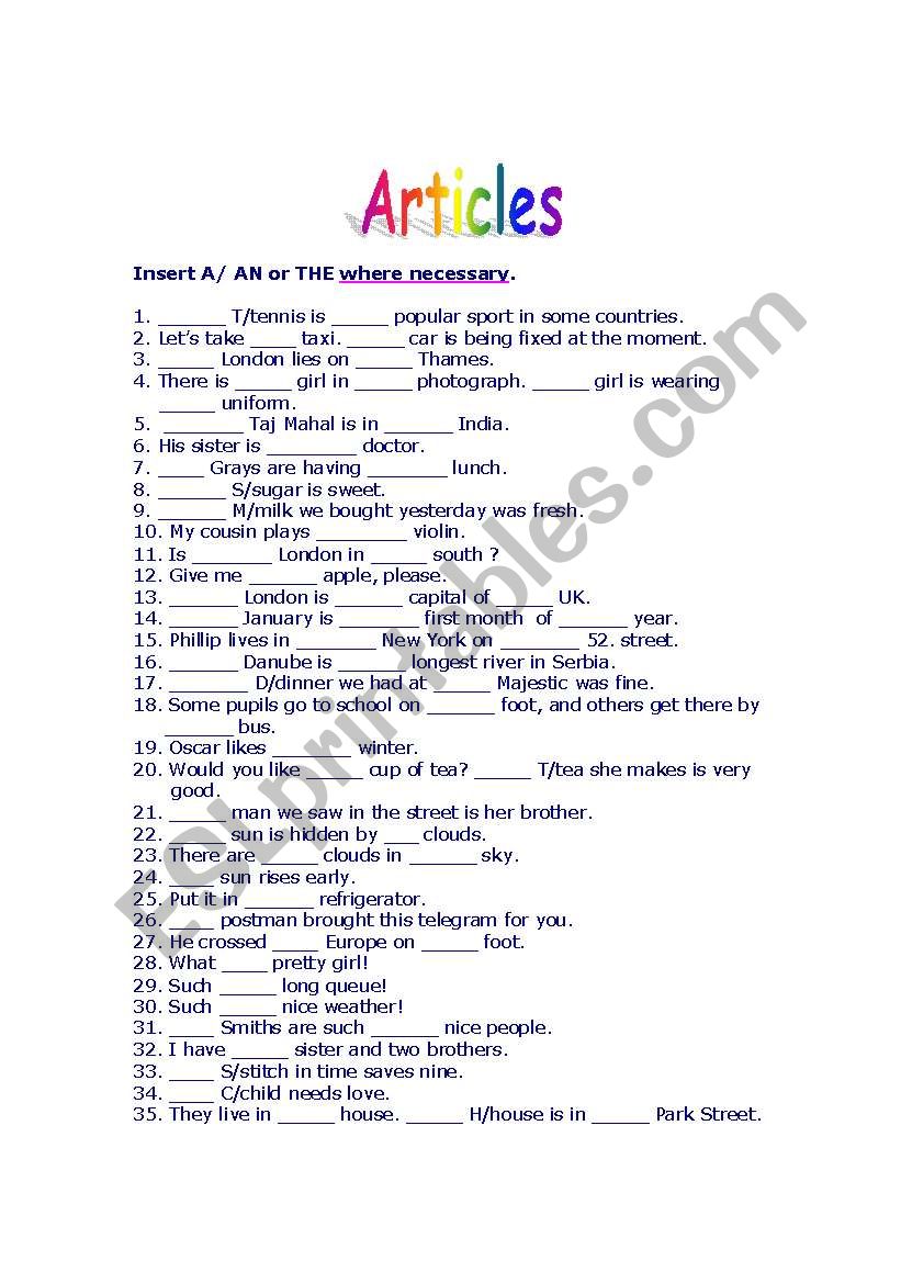 A Test on Articles (6 pages) worksheet