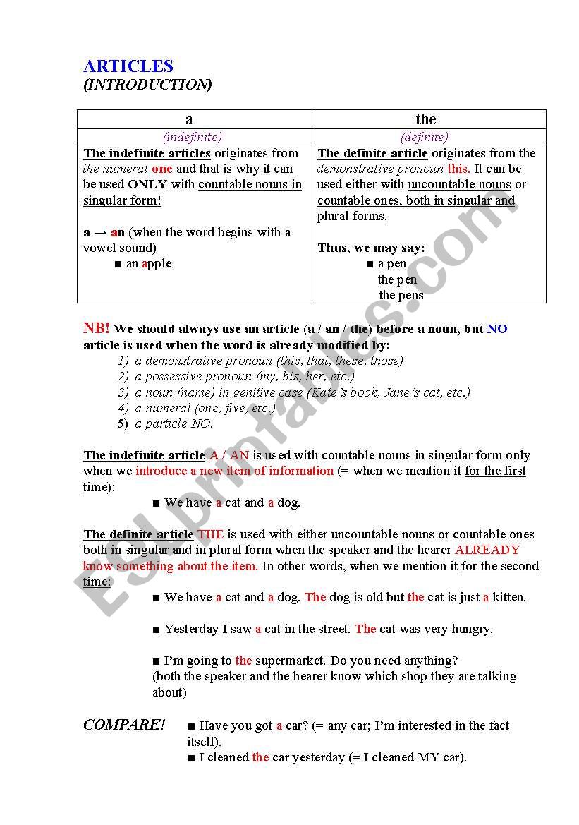 ARTICLES (Introduction) worksheet
