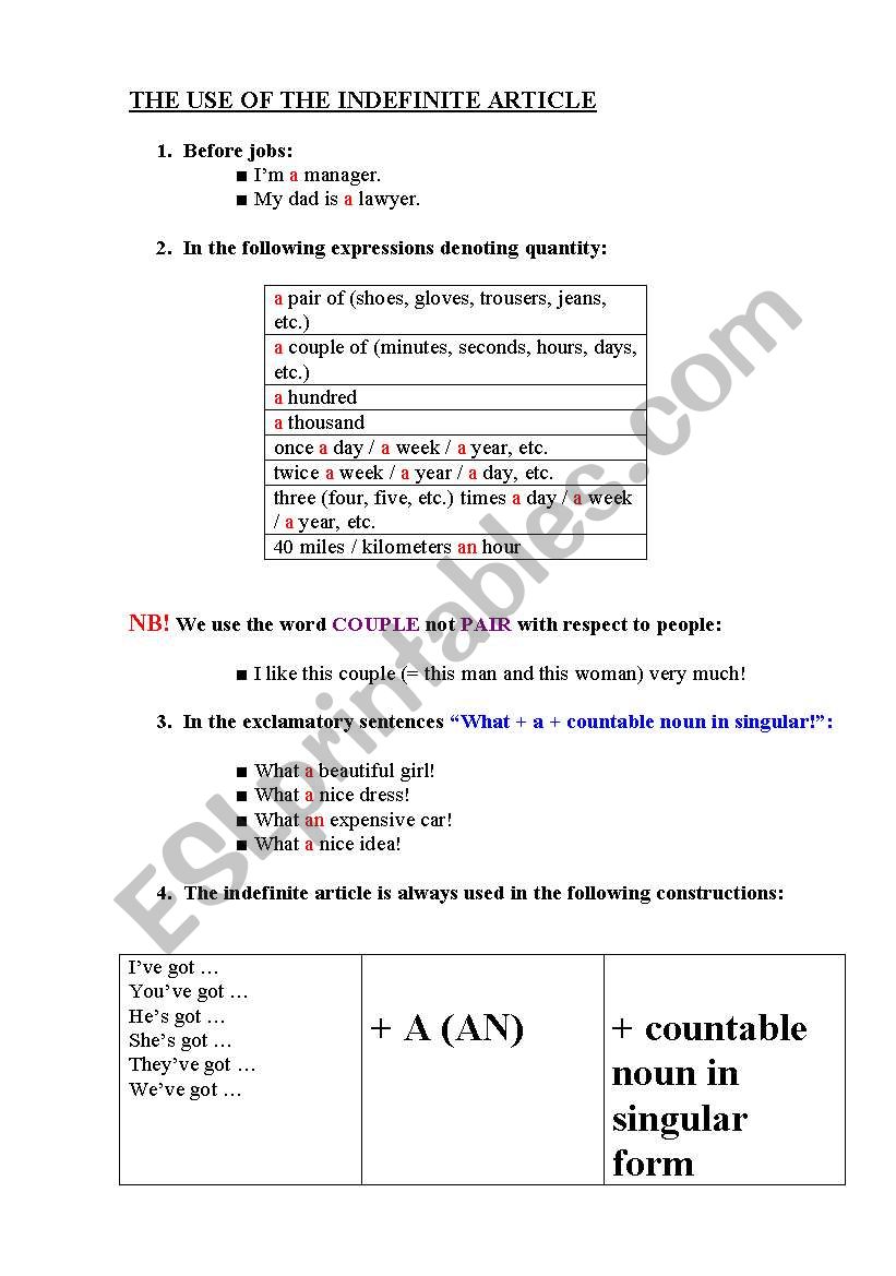 The Indefinite Article worksheet