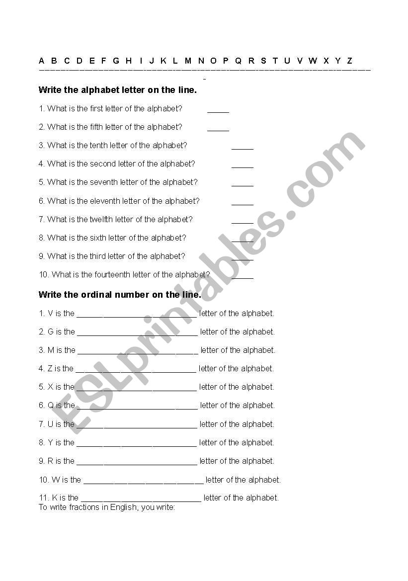 Ordinals, Alphabet, Fractions worksheet