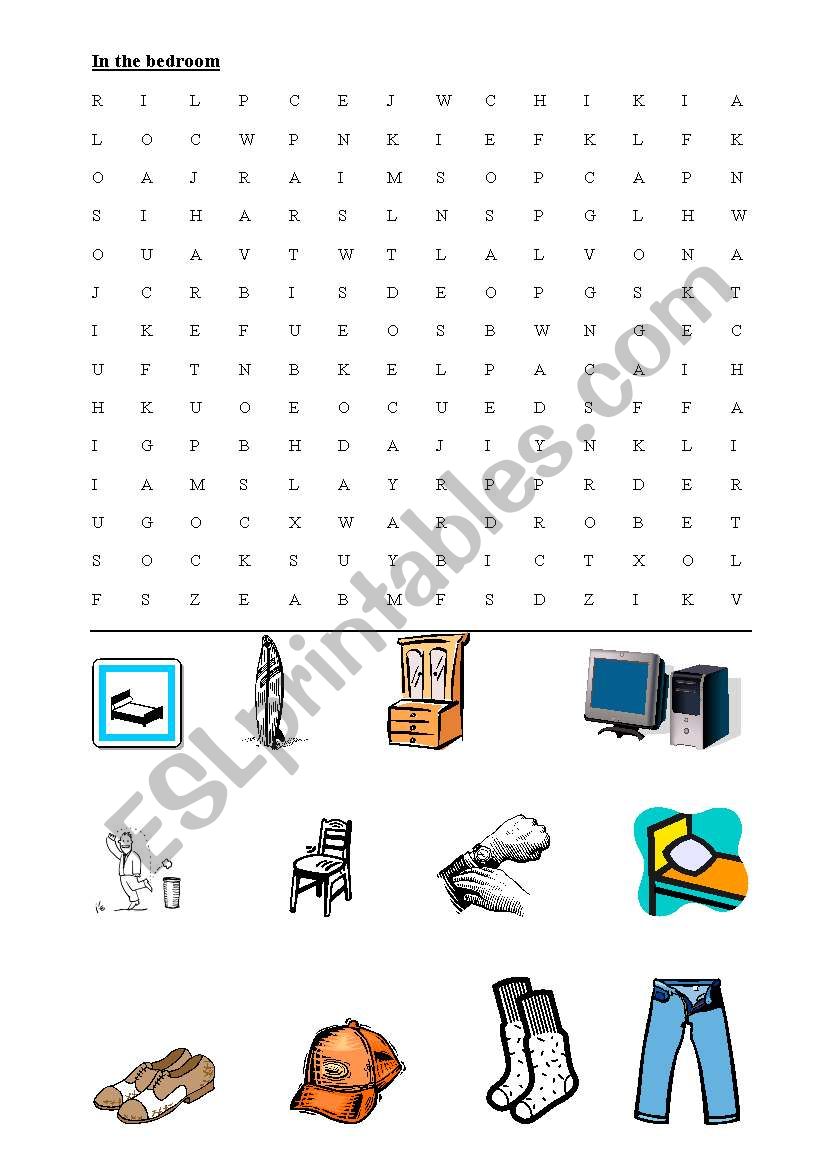 Wordsearch - In the bedroom worksheet