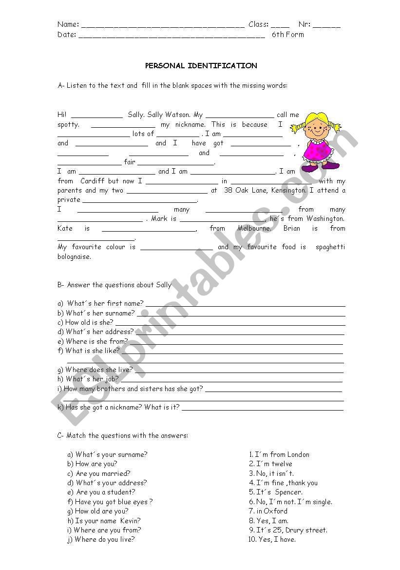 Personal identification worksheet