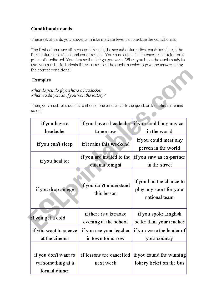 conditional cards worksheet