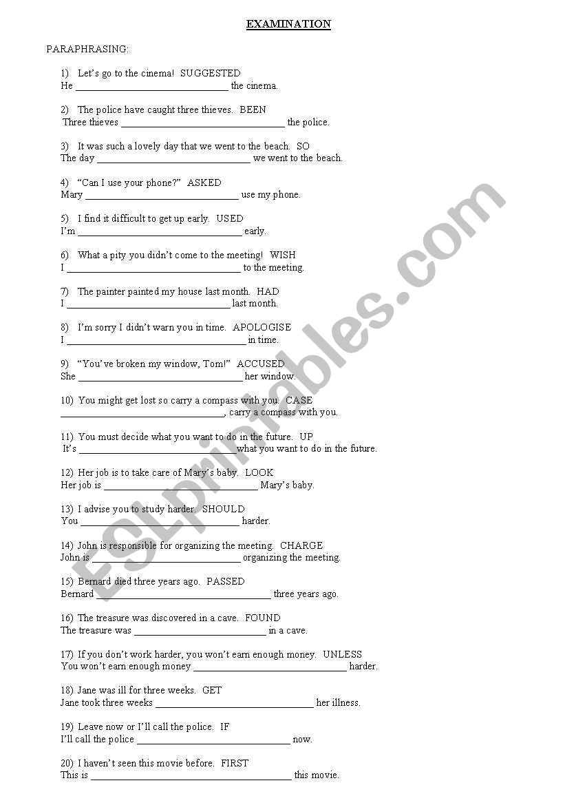 examination worksheet