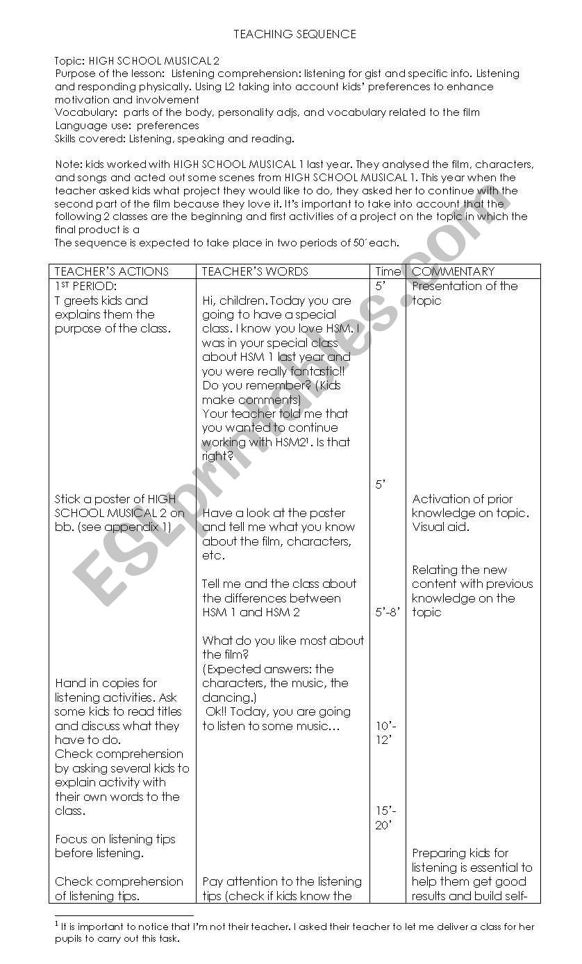 HIGH SCHOOL MUSICAL 2 LESSON PLAN