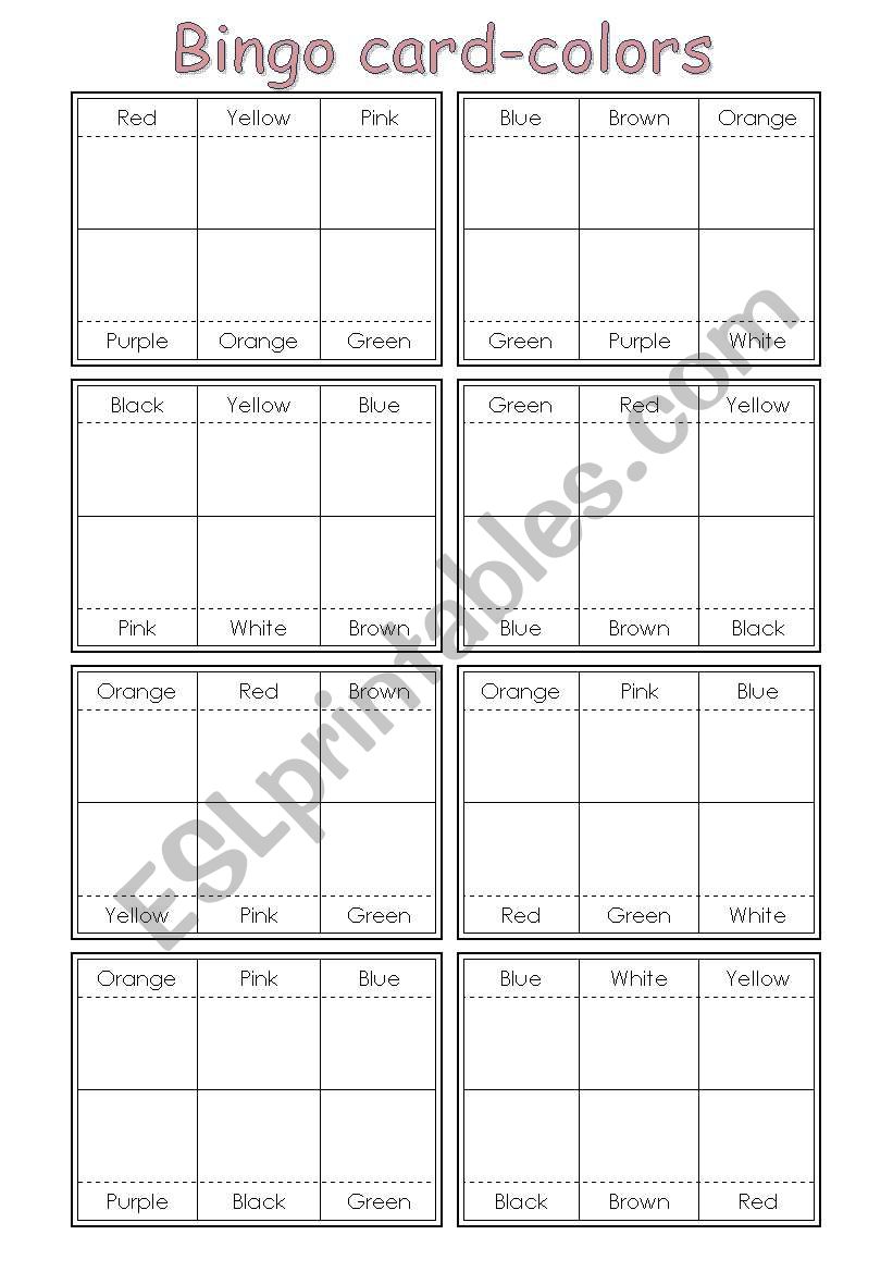 Bingo card -colors worksheet