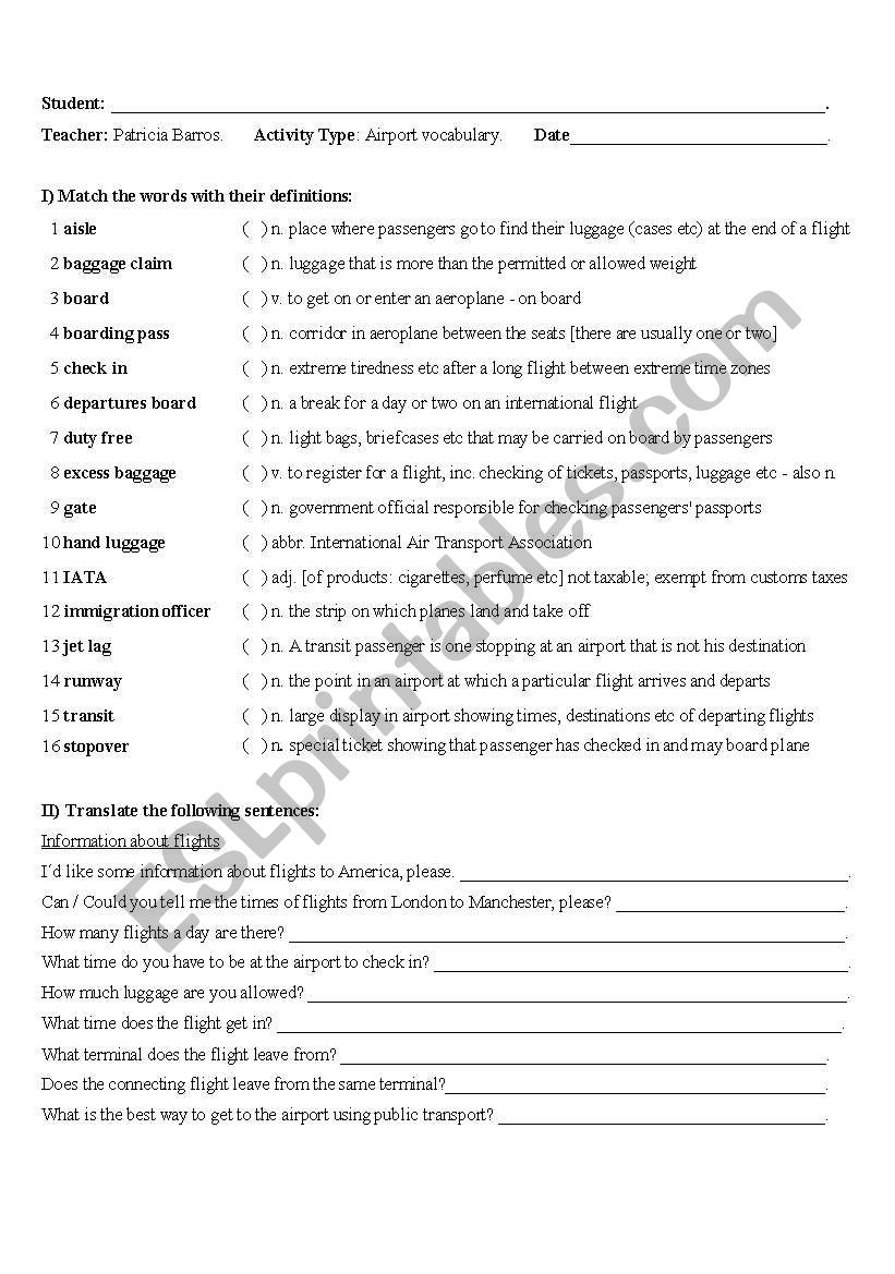 Airport vocabulary worksheet