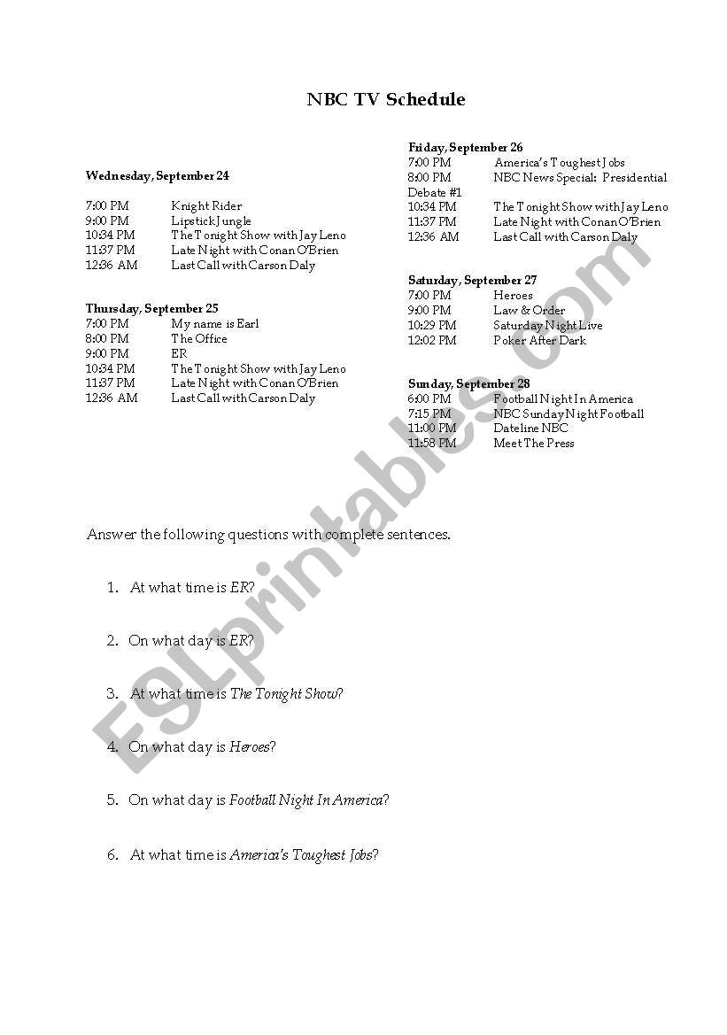 NBC TV Schedule worksheet