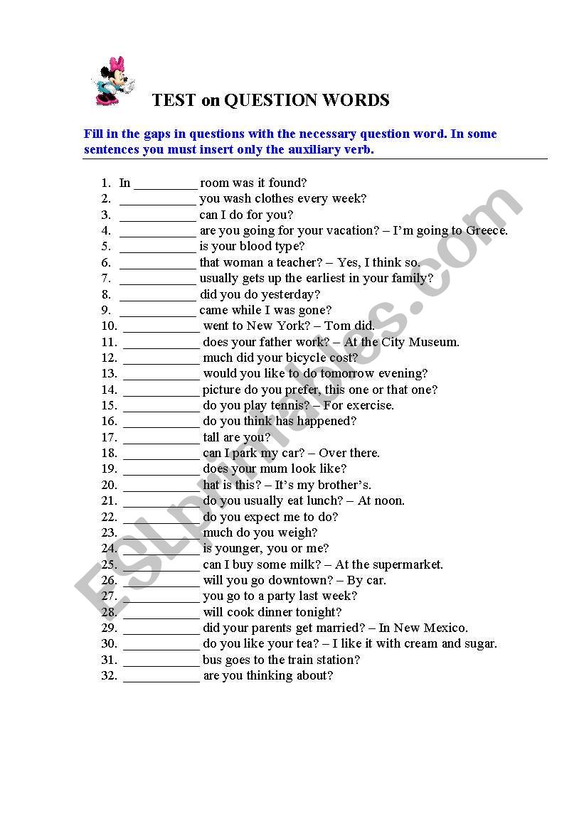 TEST on QUESTION WORDS worksheet