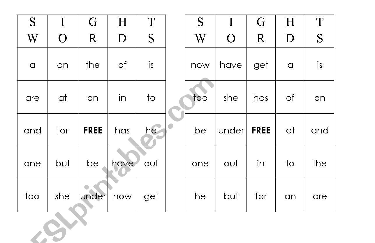Sight Words Bingo worksheet