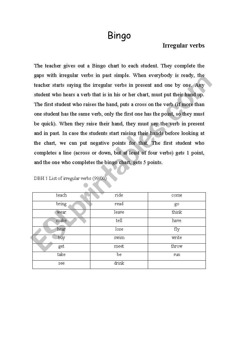 irregular verbs bingo worksheet