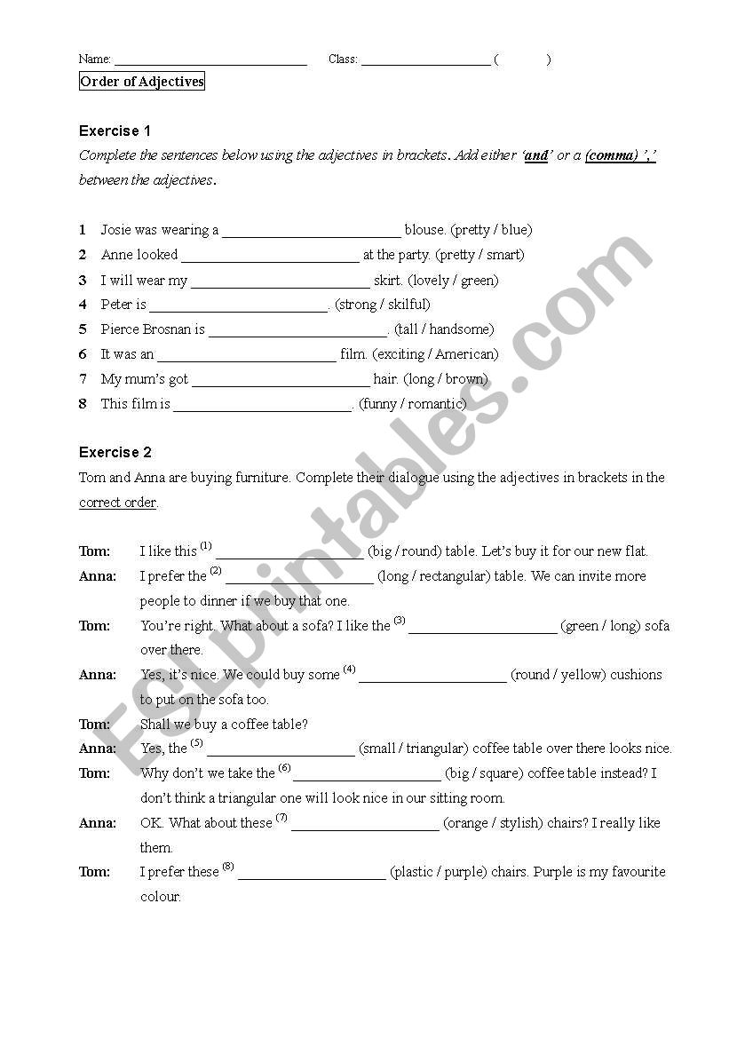 Order of Adjectives worksheet