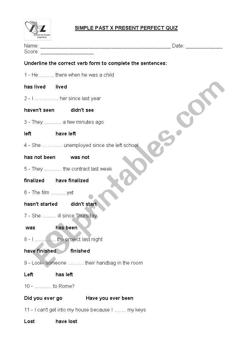 Simple Past x Present Perfect Quiz