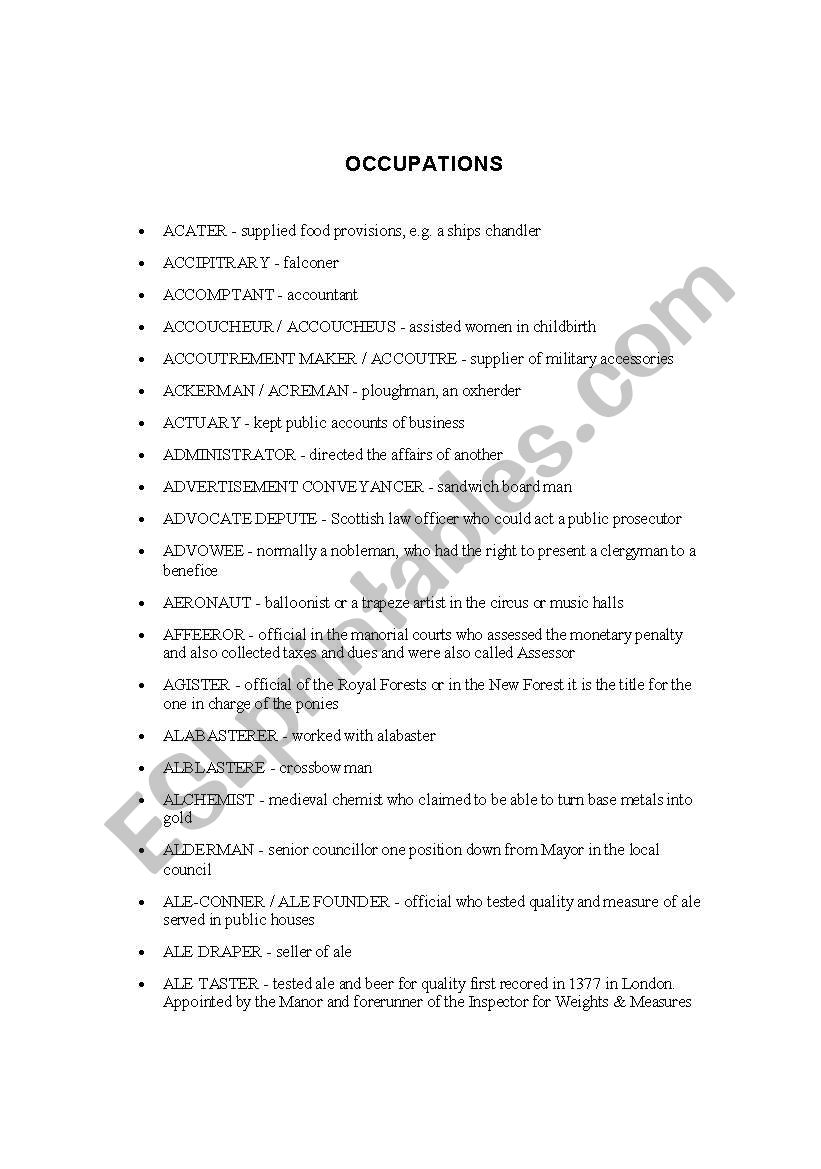 List of occupations worksheet