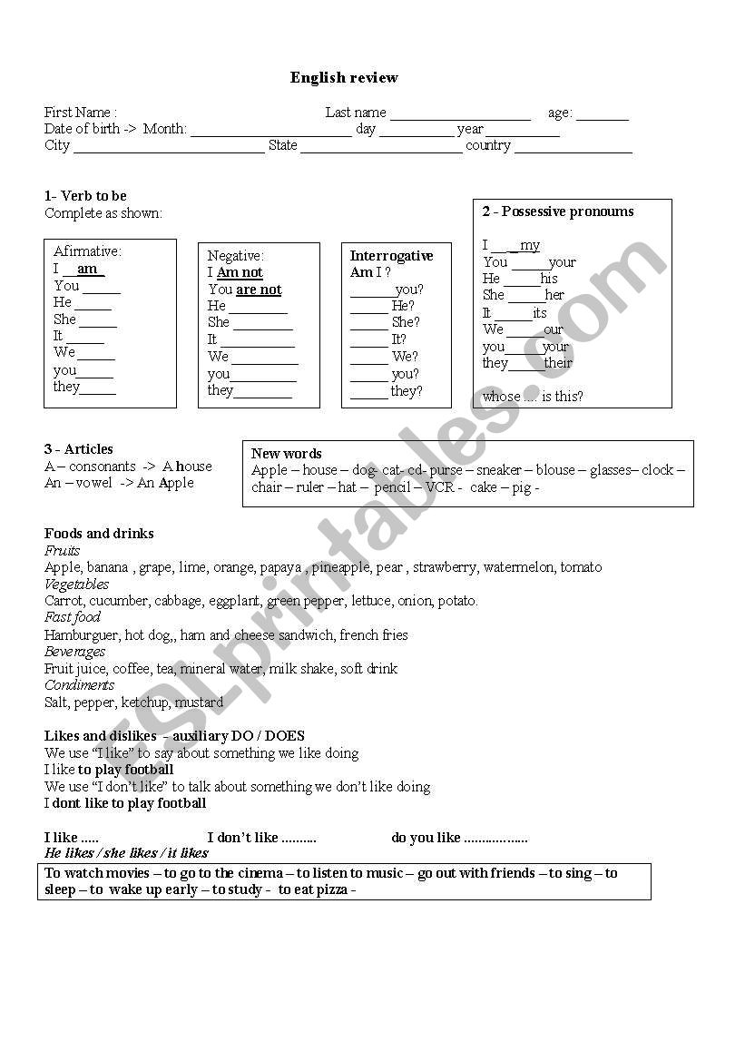 review verb to be  worksheet