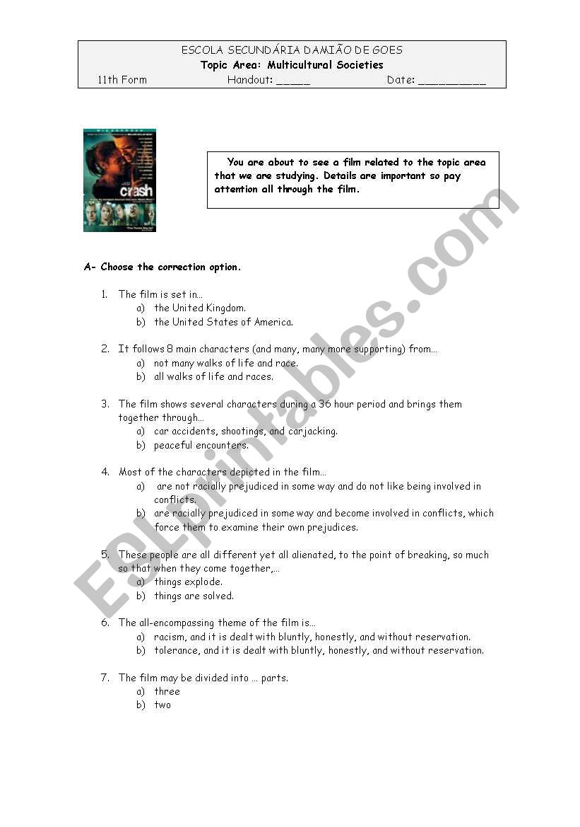 Crash, the Film worksheet