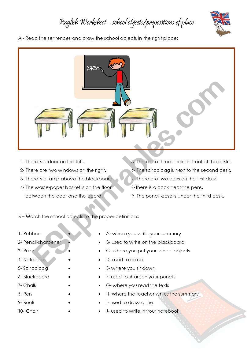 School Objects/Prepositions worksheet