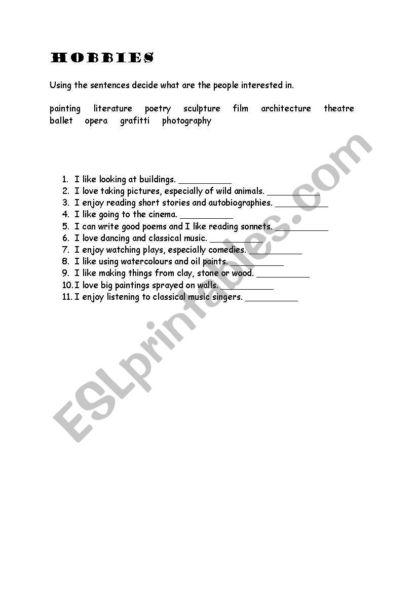 Hobbies worksheet