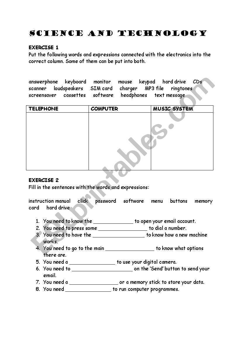 SCIENCE AND TECHNOLOGY worksheet