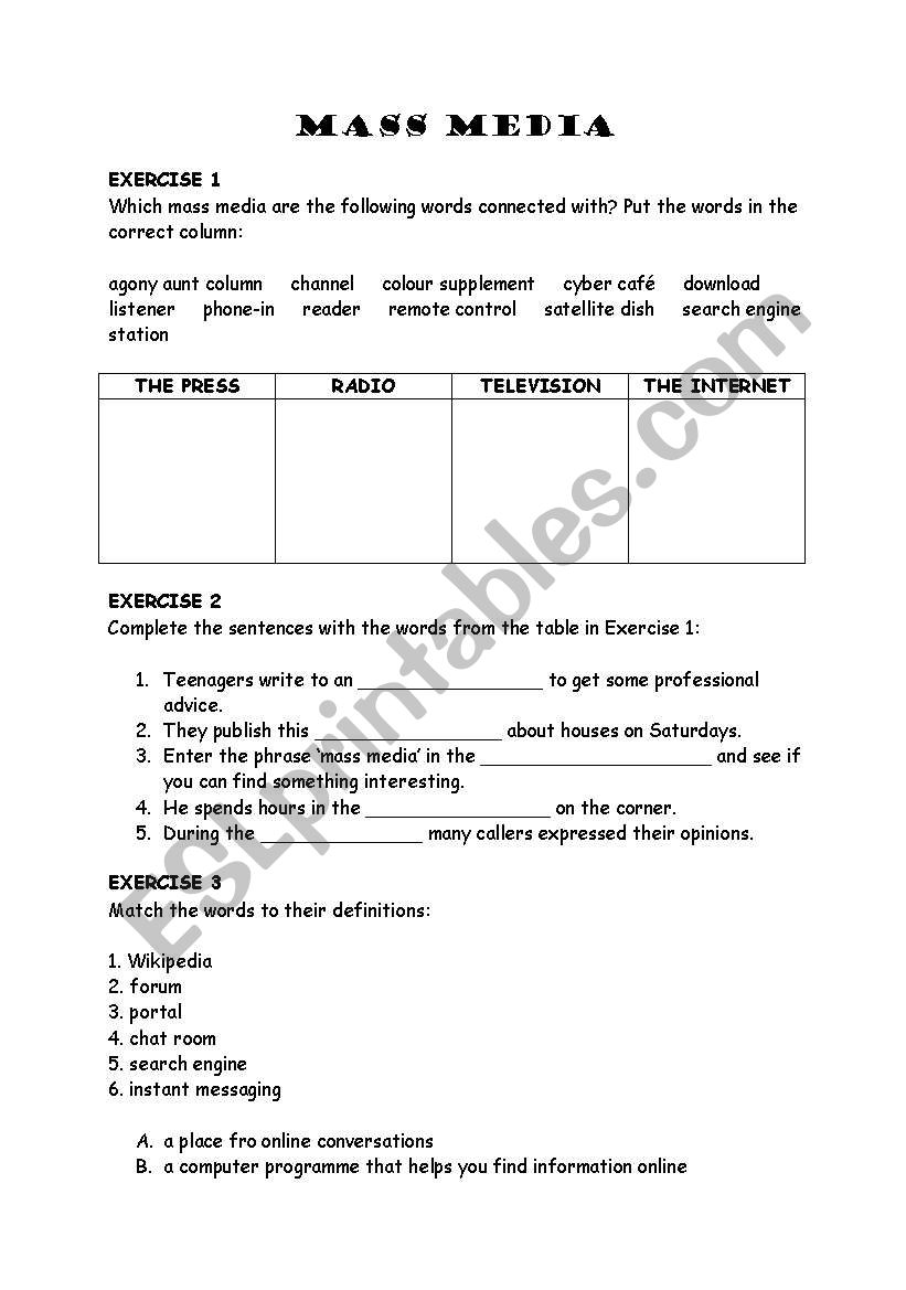 Mass Media worksheet