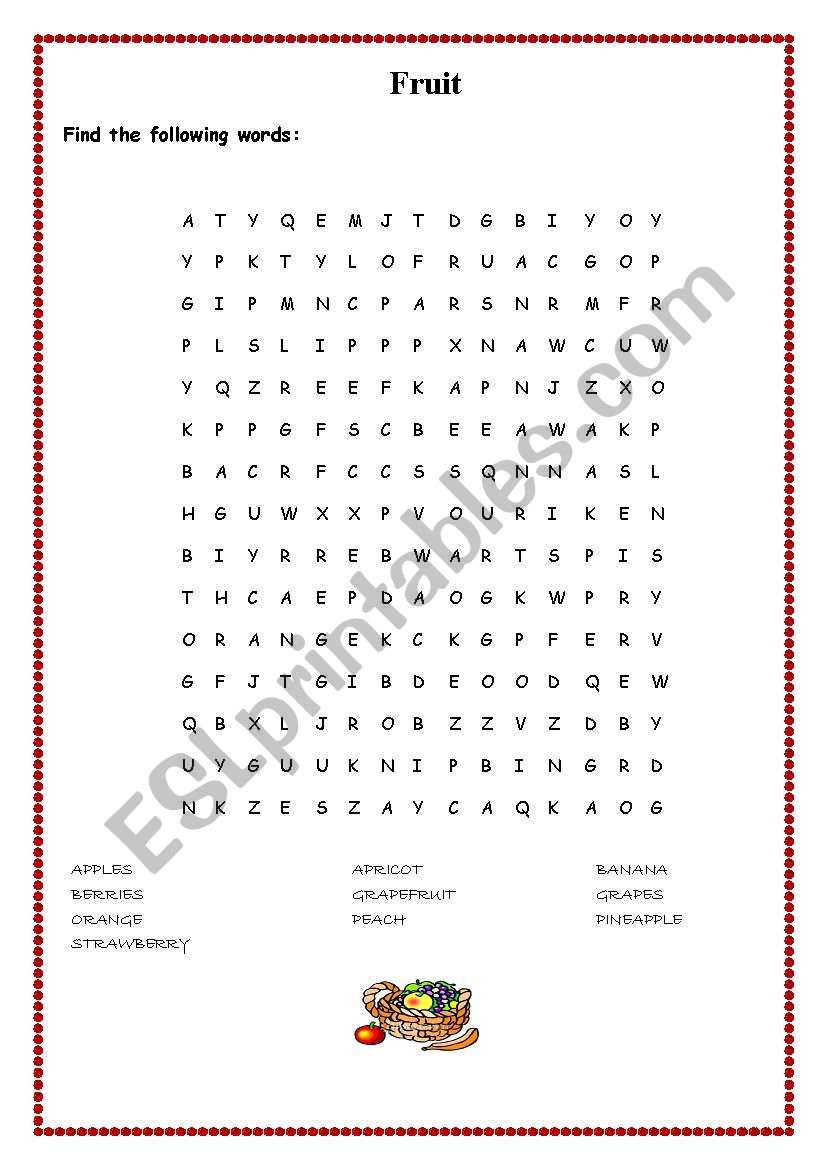 fruit, word search worksheet