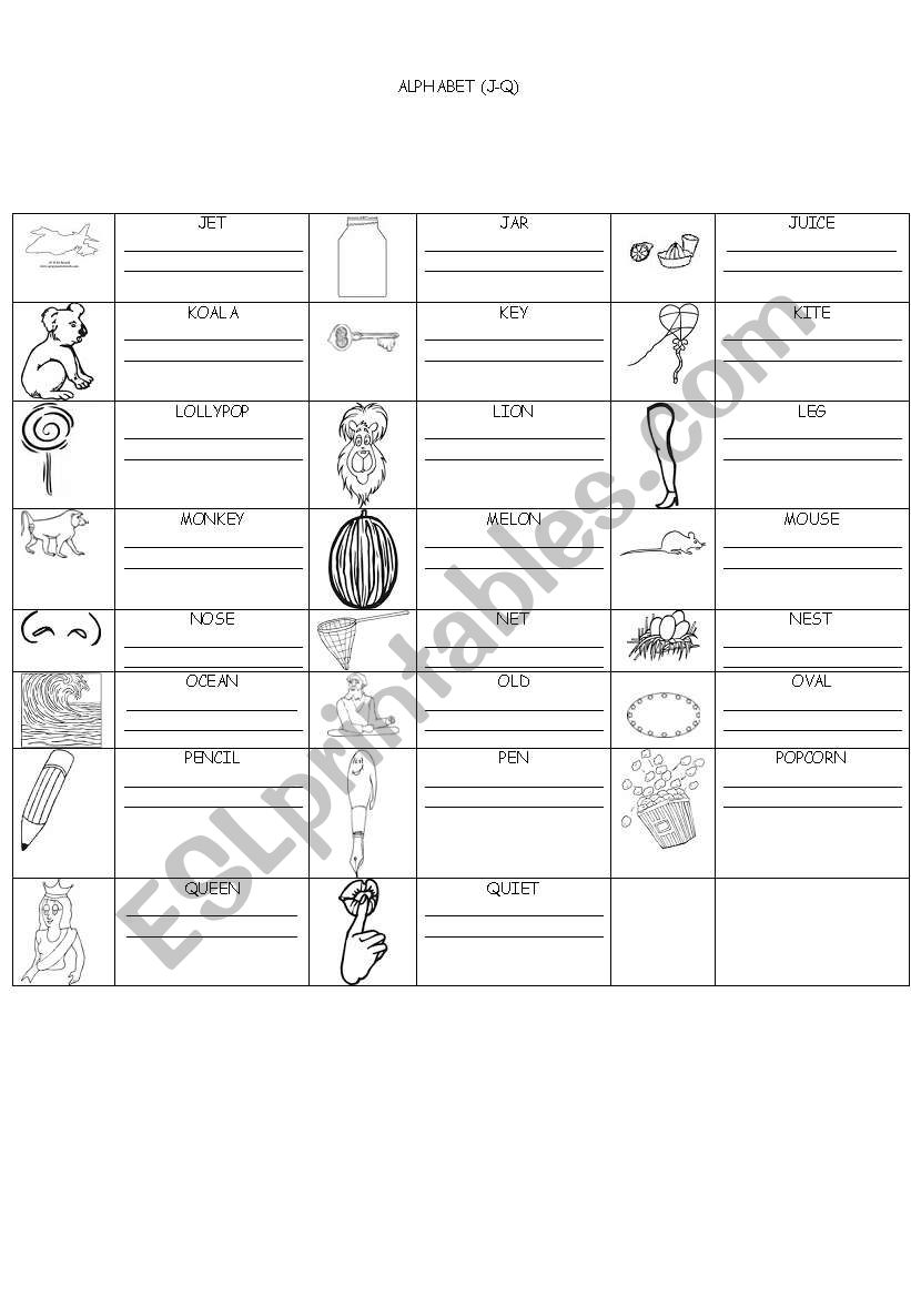 Alphabet (J-Q) worksheet