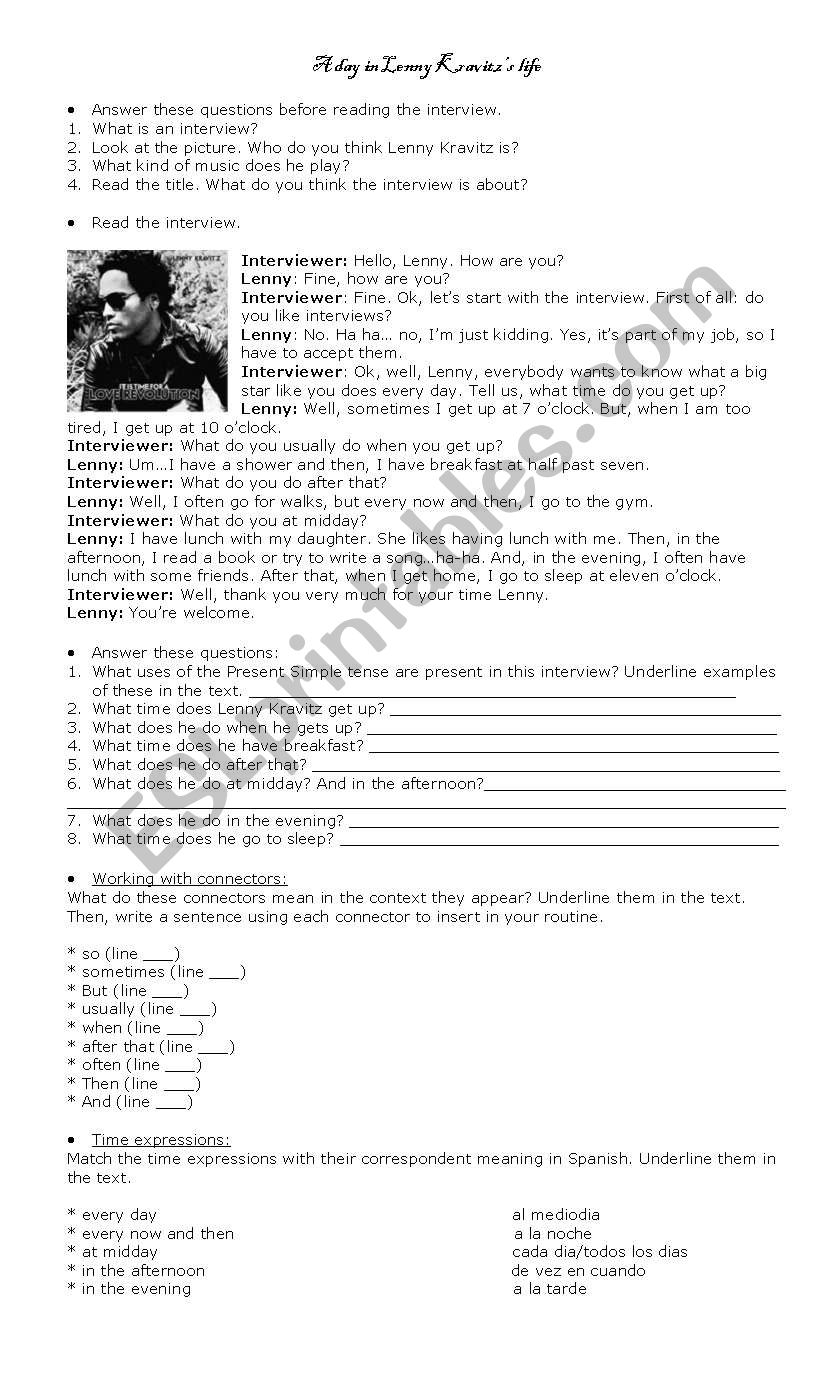 A day in Lenny Kravitzs life worksheet