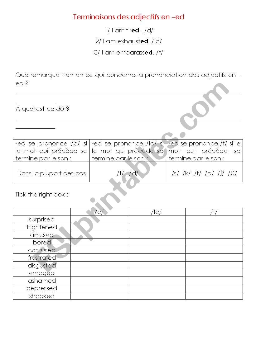 adjectives ending in ed worksheet