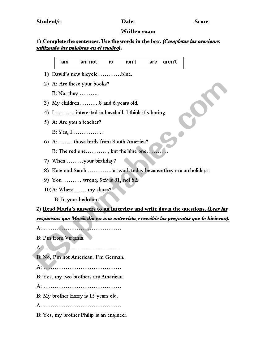 Written exam worksheet