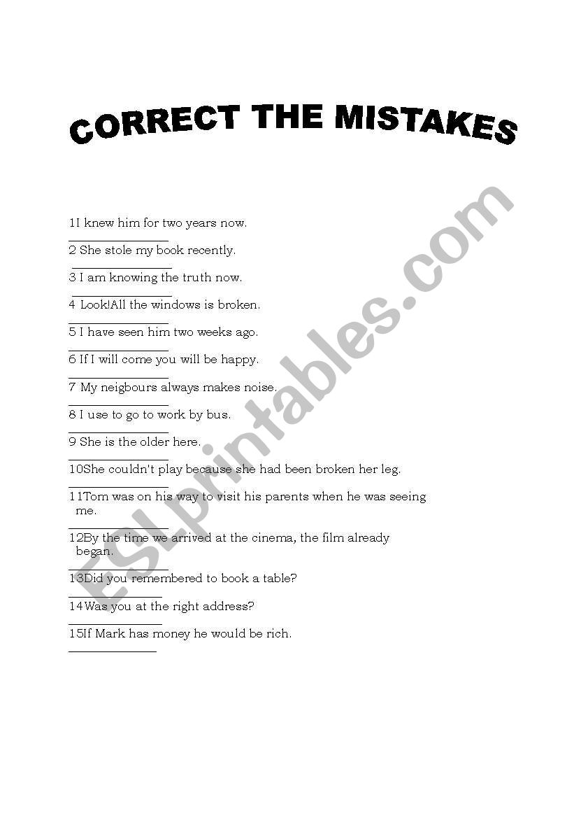 Grammar-correct the mistakes worksheet