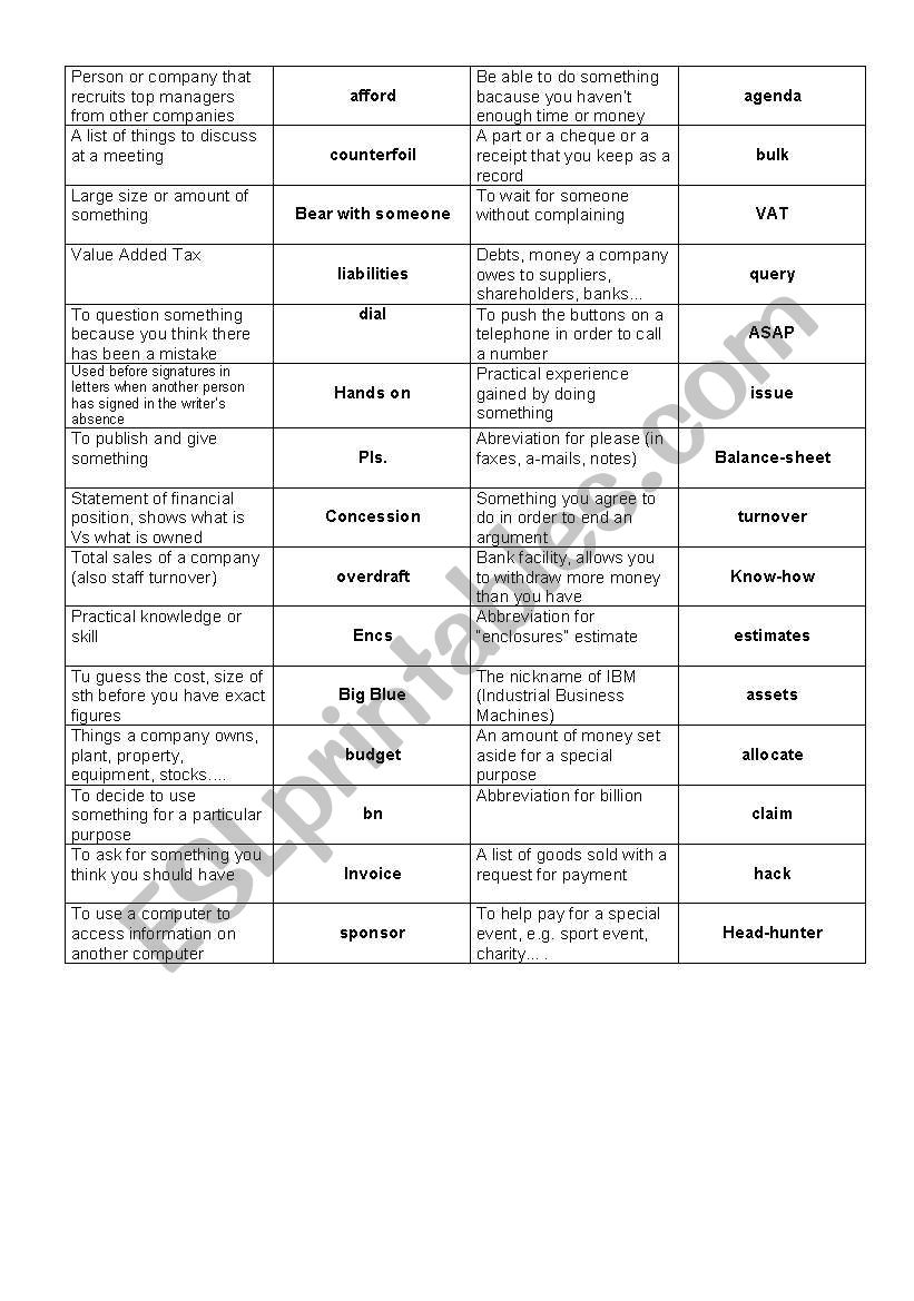 General business vocabulary worksheet