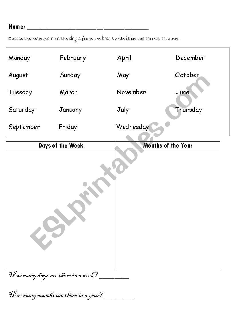 Months and Days worksheet