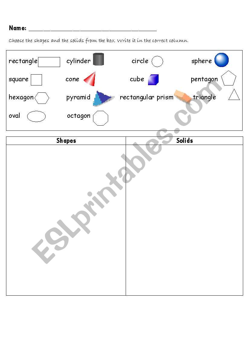 Shapes and Solids sort worksheet