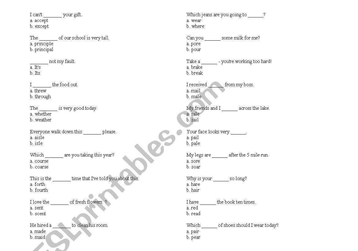 Homophones worksheet