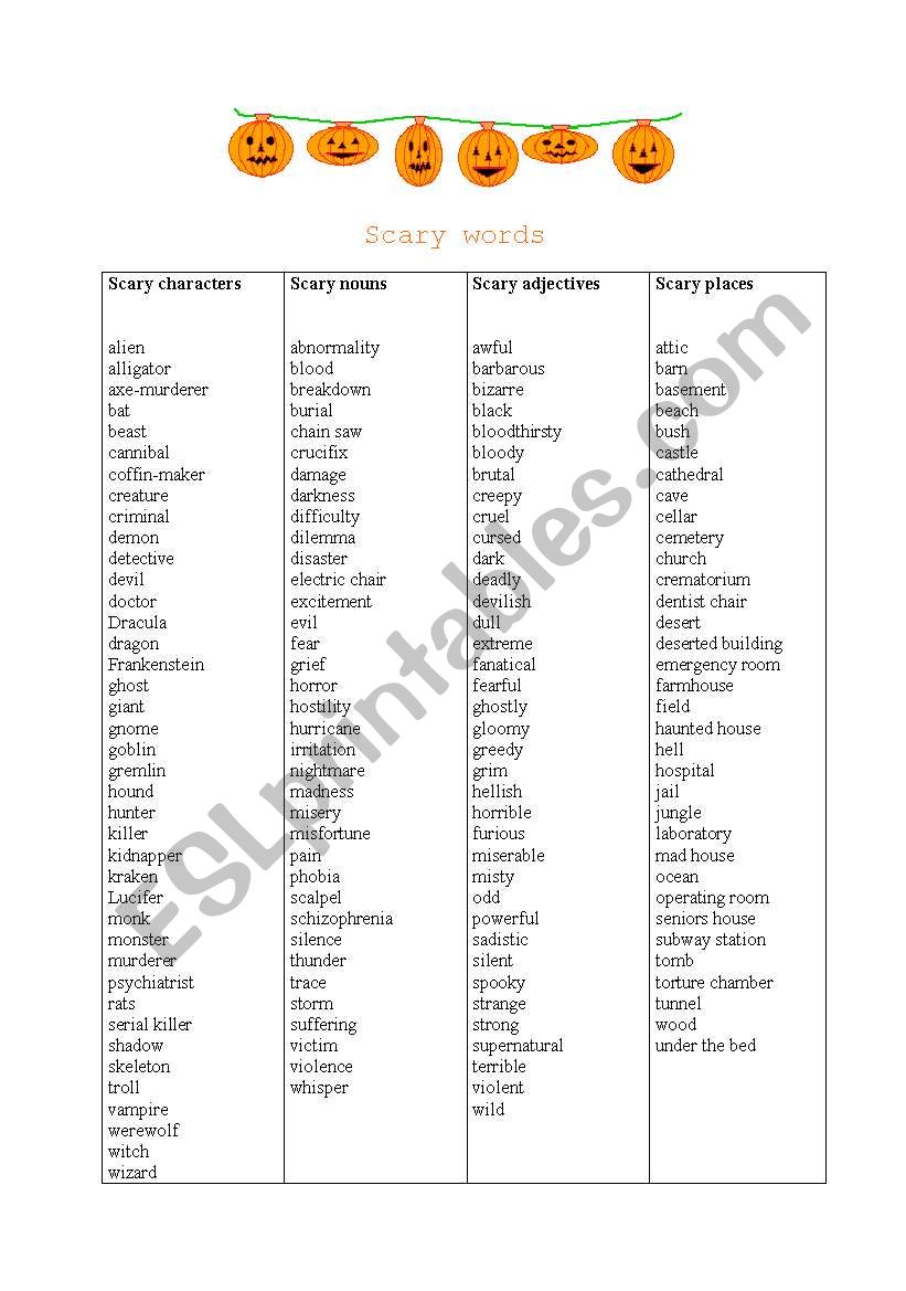 Scary words worksheet