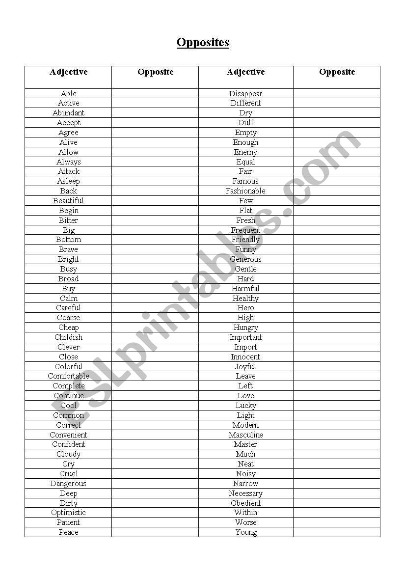 Opposites worksheet