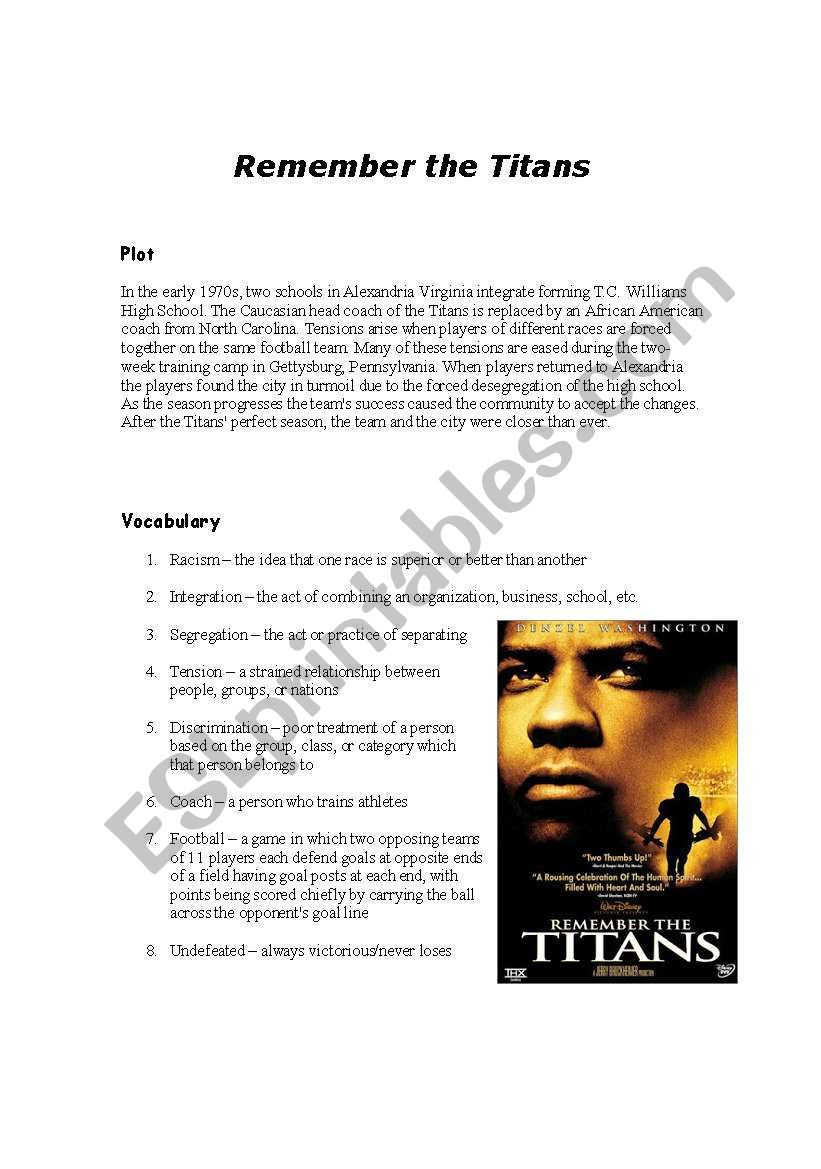 Remember the Titans worksheet