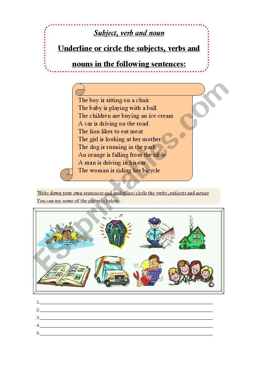 English Worksheets Subject Verb And Noun