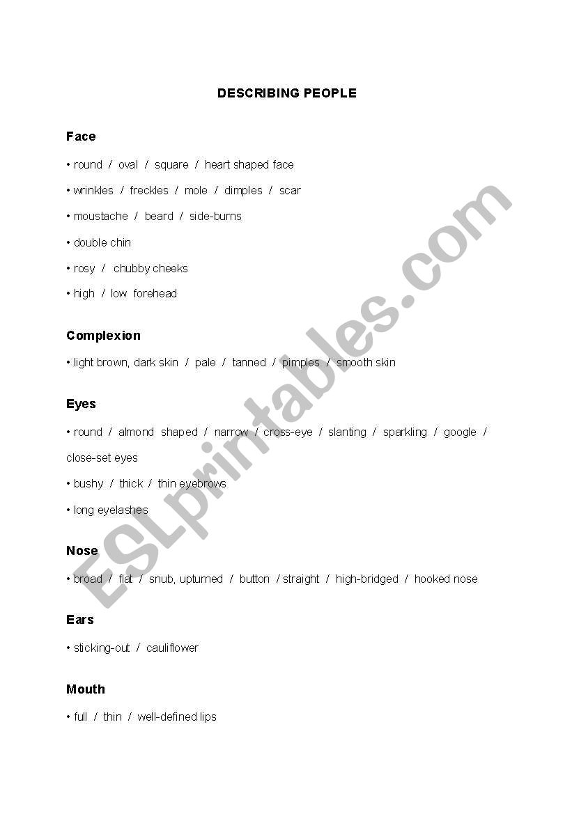 Describing People worksheet