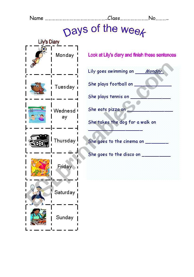 days of the week worksheet