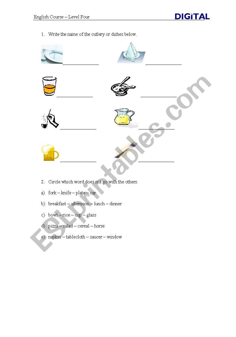 Food and Dishes worksheet