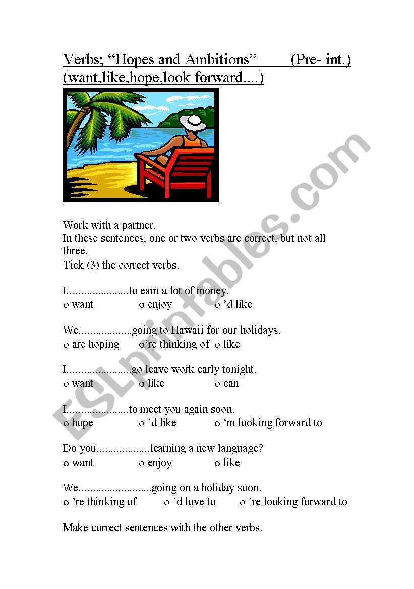 Verbs for Hopes and Ambitions-like, hope,look forward..