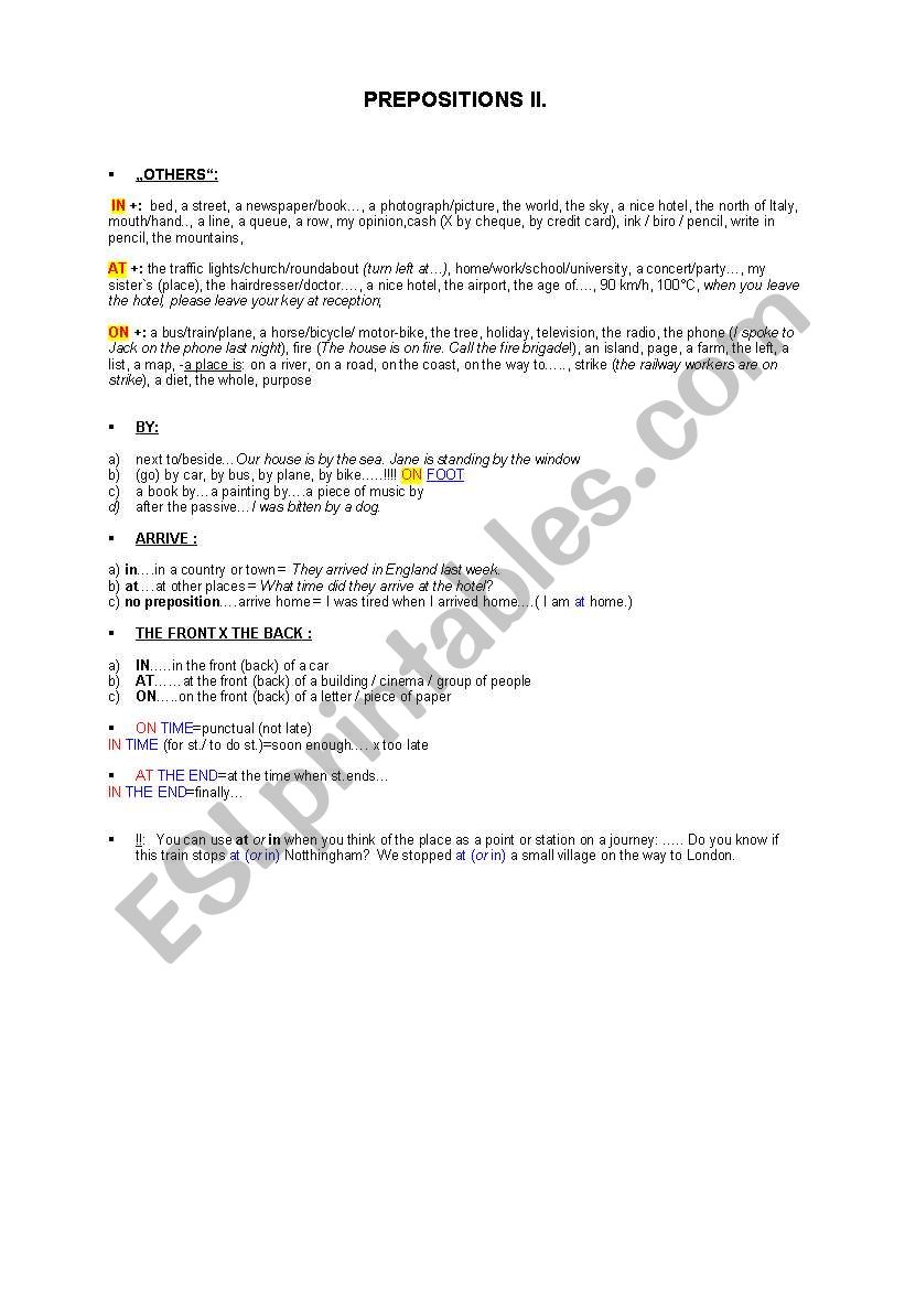 prepositions - summary II. worksheet