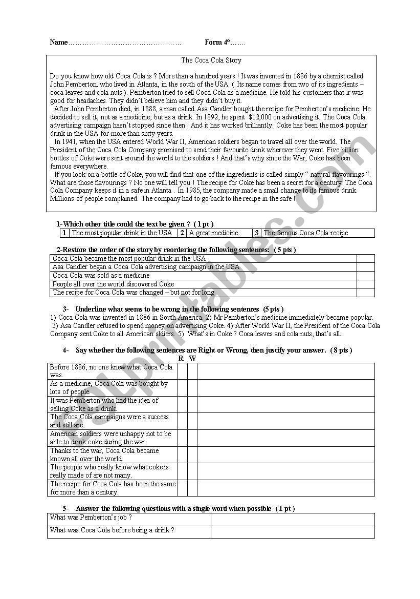 TEST  the Coca Cola story  worksheet