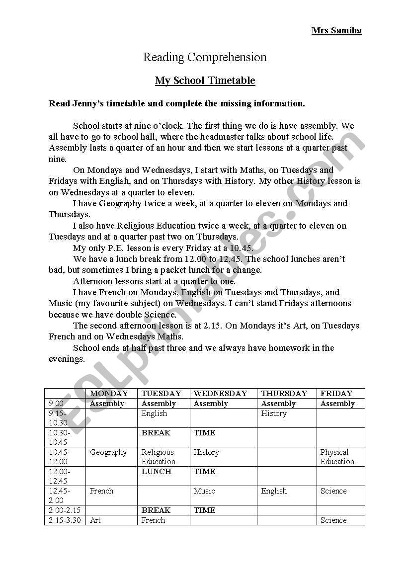 School Timetable worksheet