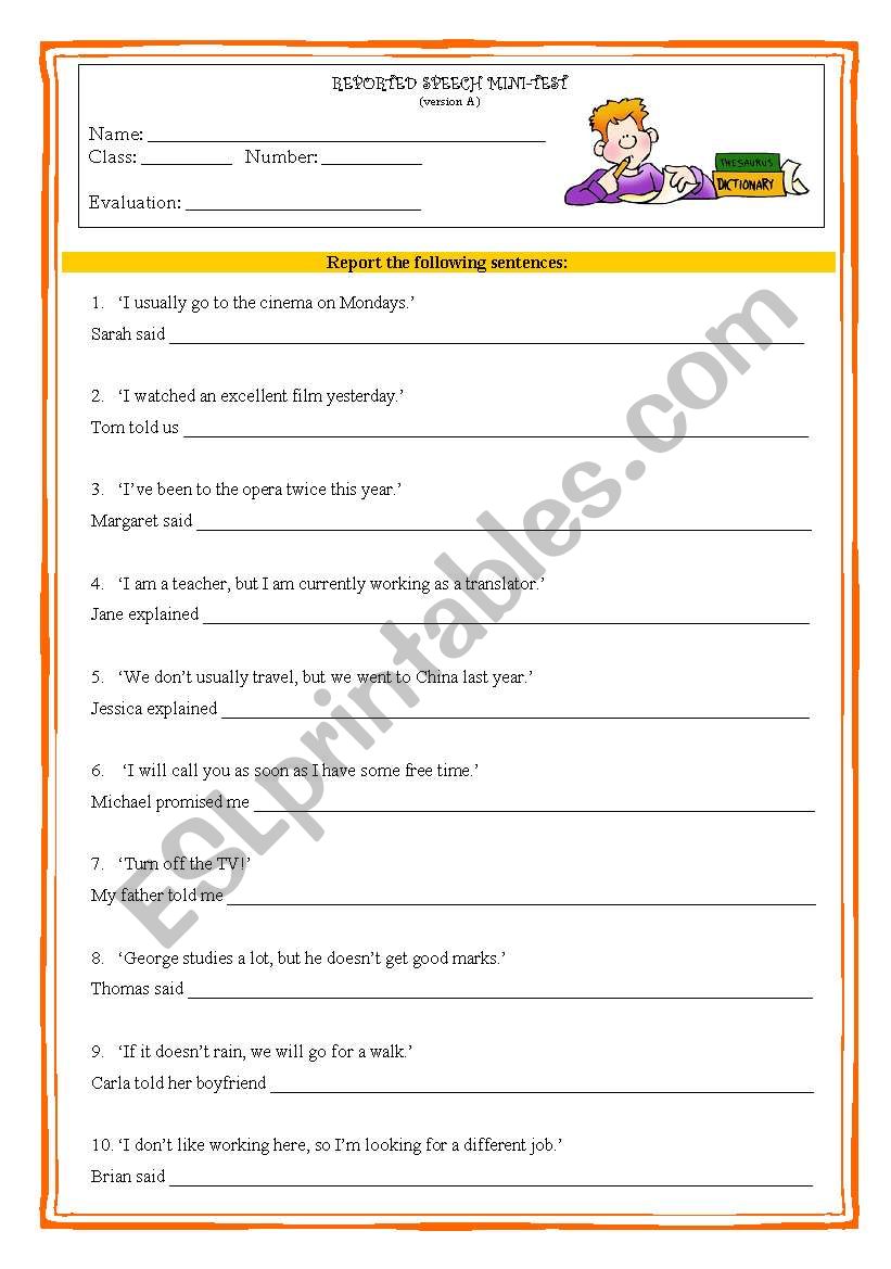 REPORTED SPEECH MINI-TEST worksheet