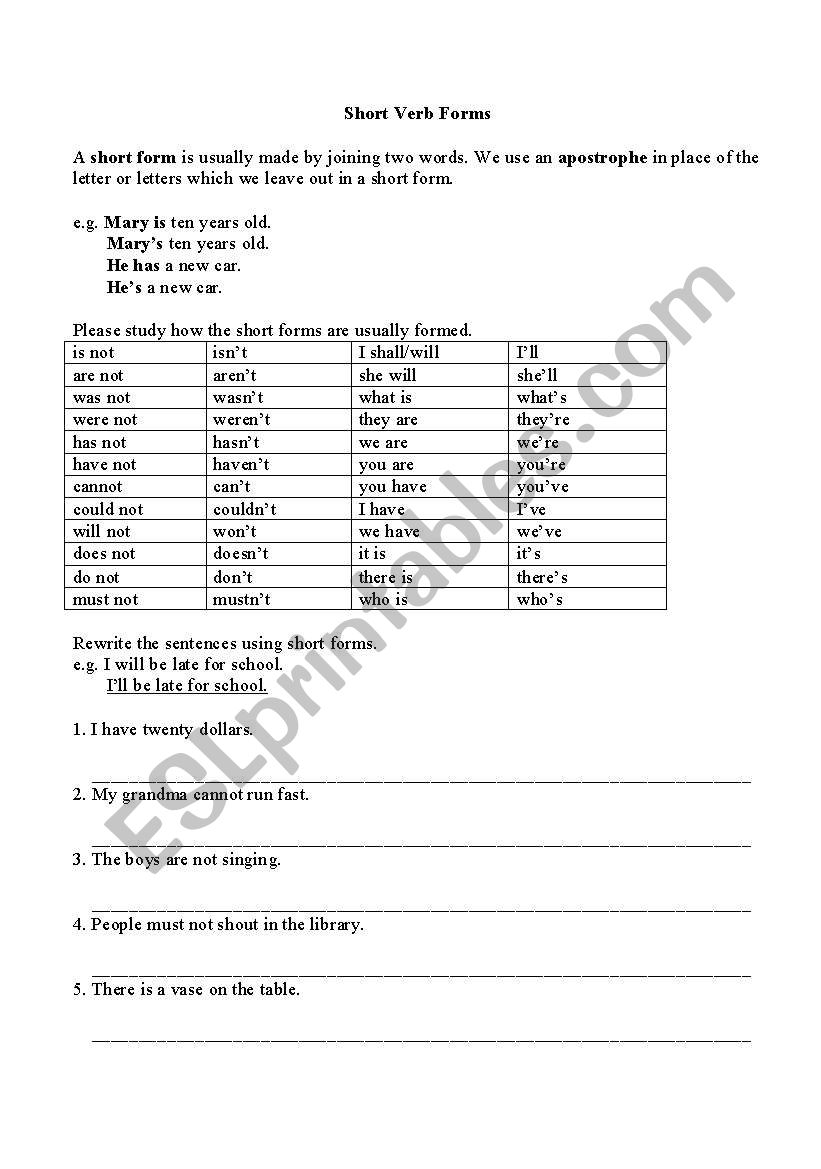 Short Verb Forms worksheet