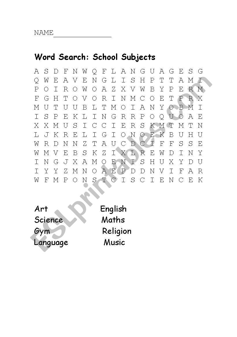 word search subjects worksheet